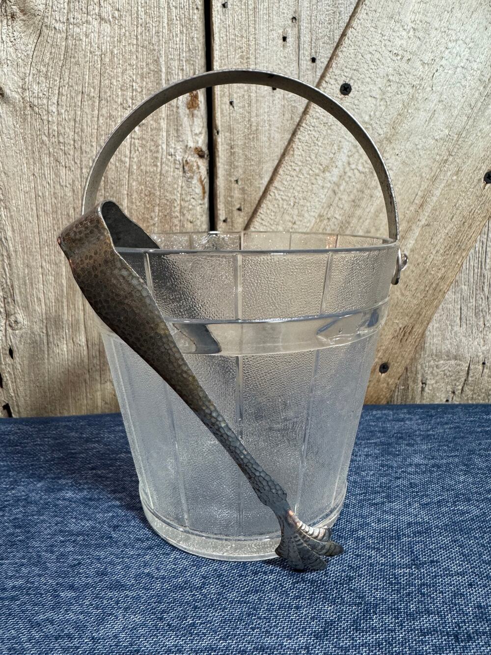 VTG Anchor Hocking Glass Ice Bucket Barrel Hammered Metal Handle And Claw Tongs
